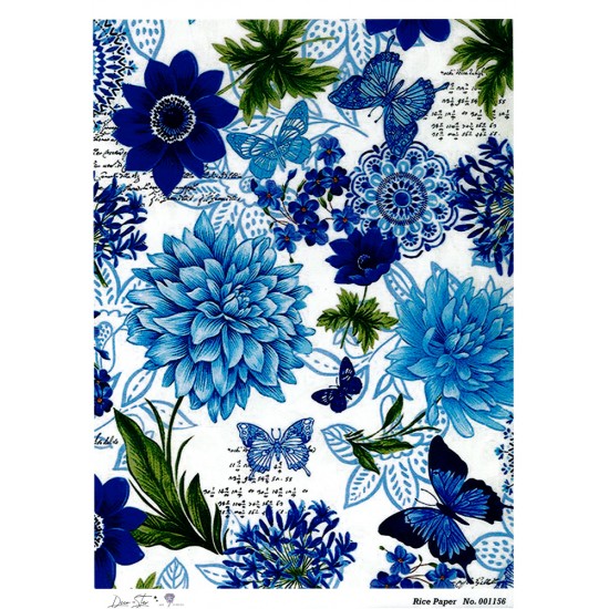 RICE PAPER FOR DECOUPAGE FLOWERS AND BUTTERFLIES IN BLUE