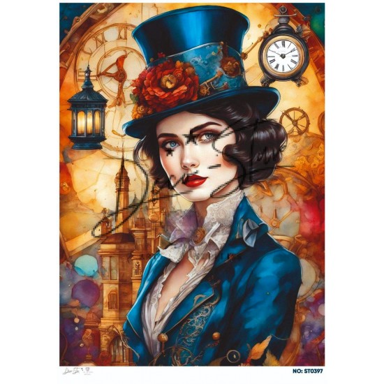 RICE PAPER FOR DECOUPAGE VINTAGE WOMAN WITH CAP AND CLOCKS