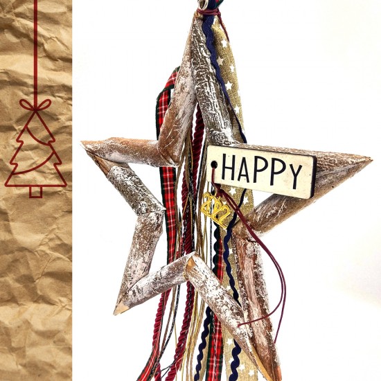 HANDMADE LUCKY CHARM 2022 - STAR FROM NATURAL WOOD - HAPPY 2022