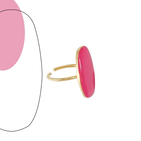 STAINLESS STEEL GOLD PLATED RING WITH OVAL SHAPE AND FUCHSIA ENAMEL