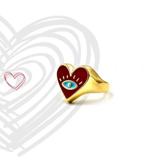 RING HEART WITH ETHNIC EYE GOLD PLATED WITH DARK RED ENAMEL