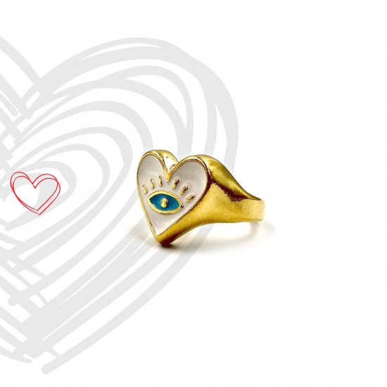 RING HEART WITH ETHNIC EYE GOLD PLATED WITH WHITE ENAMEL