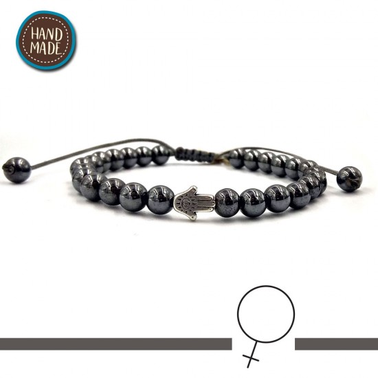 BRACELET WITH HEMATITE STONES AND ONE HAMSAHAND IN THE CENTER
