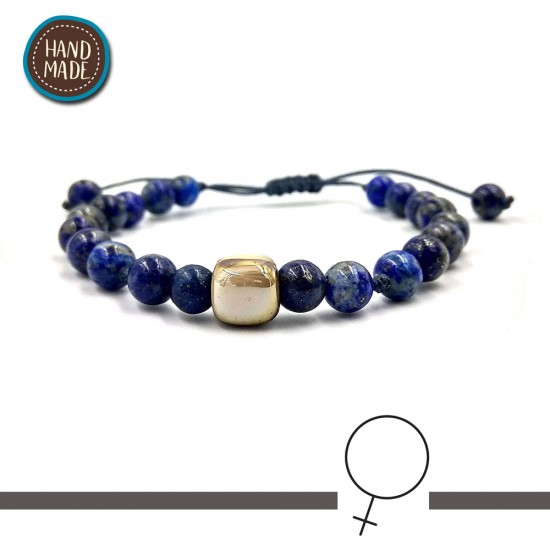 BRACELET WITH LAPIS STONES AND ONE CERAMIC BEIGE SQUARE BEAD IN THE CENTER