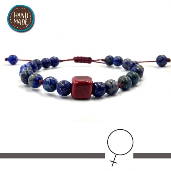 BRACELET WITH LAPIS STONES AND ONE CERAMIC DARK RED SQUARE BEAD IN THE CENTER