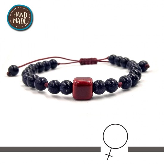 BRACELET WITH GOLD SANDSTONE STONES AND ONE CERAMIC DARK RED SQUARE BEAD IN THE CENTER