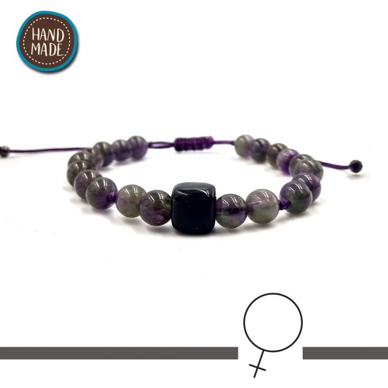 BRACELET WITH AMETHYST STONES AND ONE CERAMIC BLACK SQUARE BEAD IN THE CENTER
