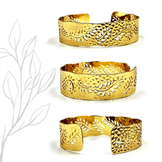 METALLIC BRASS BRACELET WITH LEAFS GOLD PLATED