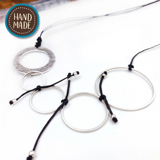 HANDMADE CIRCLE NECKLACE WITH FIVE RINGS SILVER PLATED