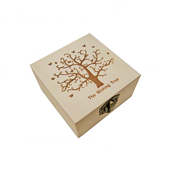 WOODEN SQUARE BOX WITH THE WISHING TREE PYROGRAPHY 9cm