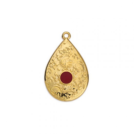 METALLIC CHARM DROP WITH EMBOSSED DESIGNS GOLD PLATED - CHERRY RED ENAMEL 17,6x27,8mm