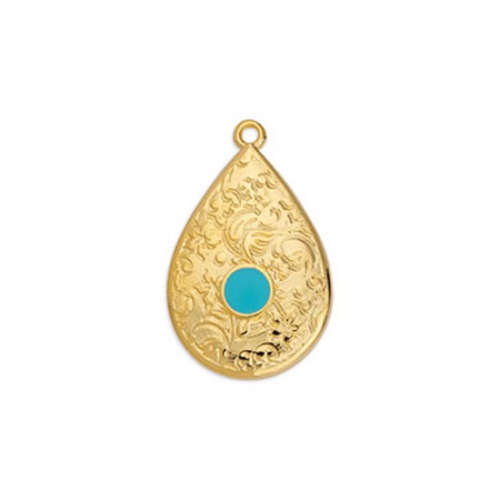 METALLIC CHARM DROP WITH EMBOSSED DESIGNS GOLD PLATED - TYRQUOISE ENAMEL 17,6x27,8mm