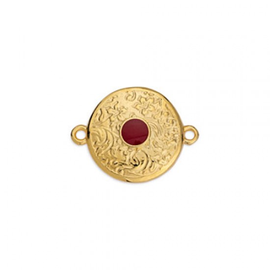 METALLIC ROUND WITH EMBOSSED DESIGNS AND 2 RINGS GOLD PLATED - CHERRY RED ENAMEL 23,3x17,9mm