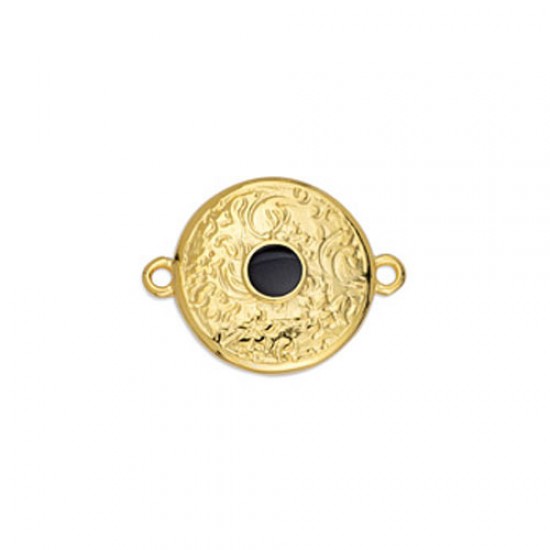 METALLIC ROUND WITH EMBOSSED DESIGNS AND 2 RINGS GOLD PLATED - BLACK ENAMEL 23,3x17,9mm