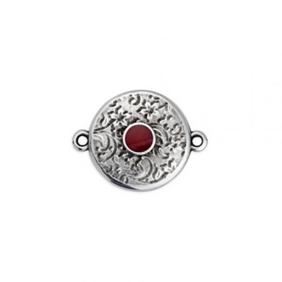 METALLIC ROUND WITH EMBOSSED DESIGNS AND 2 RINGS SILVER PLATED - CHERRY RED ENAMEL 23,3x17,9mm