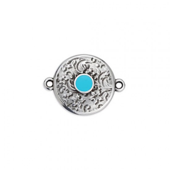 METALLIC ROUND WITH EMBOSSED DESIGNS AND 2 RINGS SILVER PLATED - TURQUISE ENAMEL 23,3x17,9mm