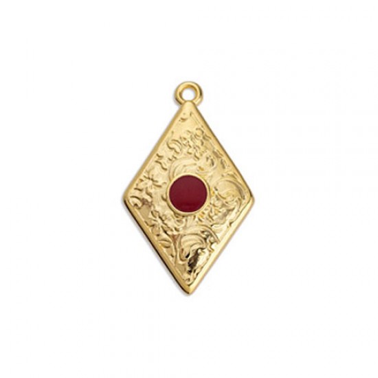 METALLIC CHARM RHOMBUS WITH EMBOSSED DESIGNS GOLD PLATED - CHERRY RED ENAMEL 16,5x27,6mm