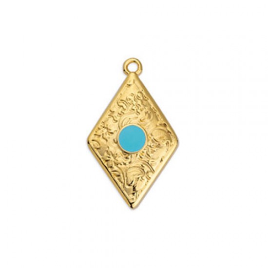 METALLIC CHARM RHOMBUS WITH EMBOSSED DESIGNS GOLD PLATED - TURQUOISE ENAMEL 16,5x27,6mm