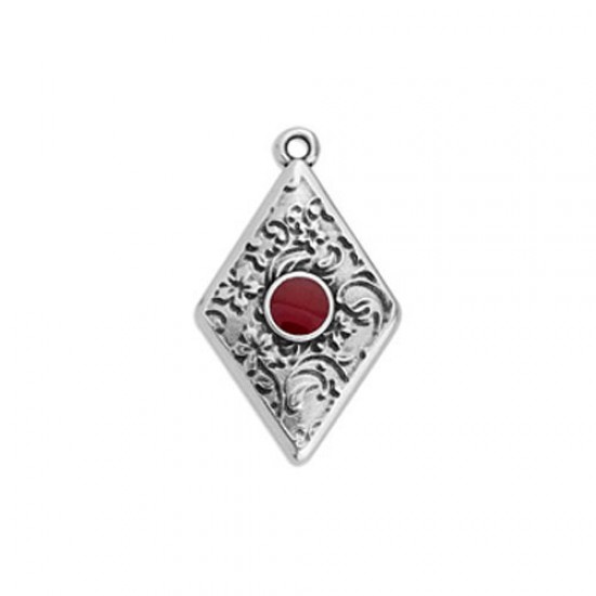 METALLIC CHARM RHOMBUS WITH EMBOSSED DESIGNS SILVER PLATED - CHERRY RED ENAMEL 16,5x27,6mm