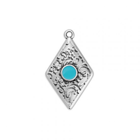 METALLIC CHARM RHOMBUS WITH EMBOSSED DESIGNS SILVER PLATED - TURQUISE ENAMEL 16,5x27,6mm