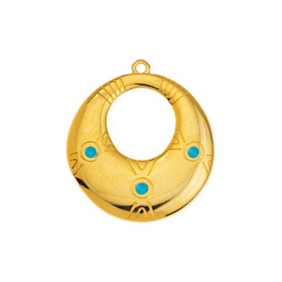 METALLIC CHARM ROUND ETHNIC WITH HOLE AND ENAMEL 27,6x31,1mm GOLD PLATED/LIGHT BLUE