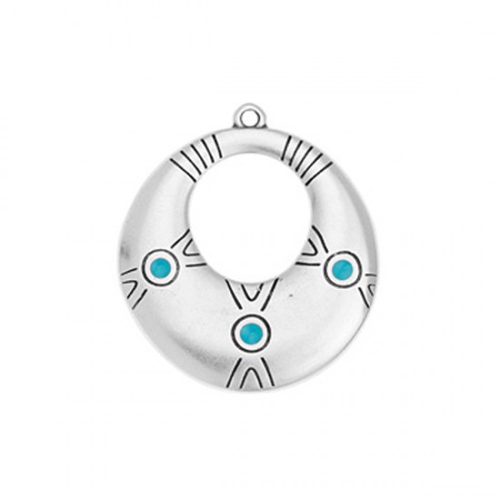 METALLIC CHARM ROUND ETHNIC WITH HOLE AND ENAMEL 27,6x31,1mm SILVER PLATED/LIGHT BLUE