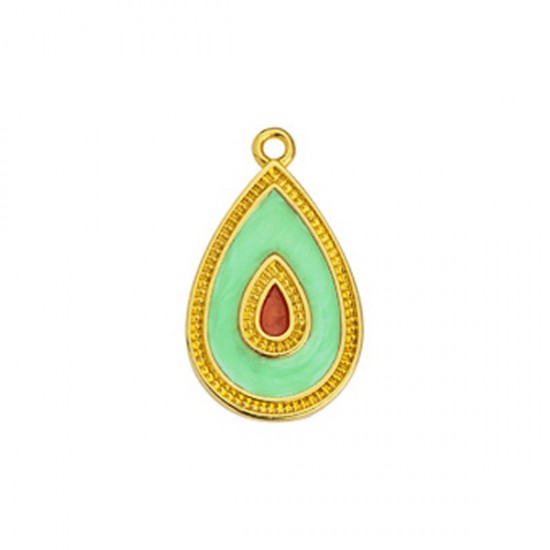 METALLIC PENDANT DROP WITH CAST AND ENAMEL 15,7X26,6mm GOLD PLATED (LIGHT BLUE-FUCHSIA)
