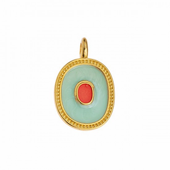 METALLIC PENDANT OVAL WITH CAST AND ENAMEL 17,4X27,3mm GOLD PLATED (LIGHT BLUE AND FUCHSIA)