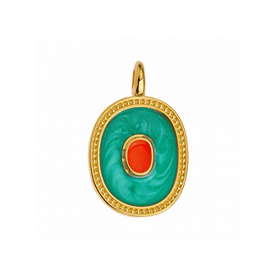 METALLIC PENDANT OVAL WITH CAST AND ENAMEL 17,4X27,3mm GOLD PLATED (BLUE AND FUCHSIA)