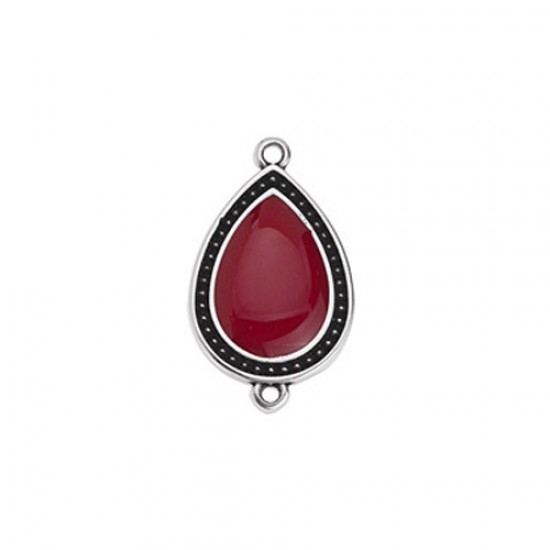 METALLIC CAST DROP WITH DARK RED ENAMEL AND 2 RINGS 16,1x26,8mm SILVER PLATED