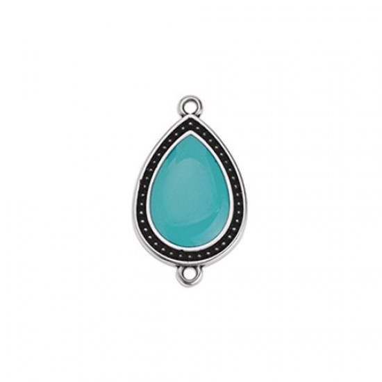 METALLIC CAST DROP WITH AQUA ENAMEL AND 2 RINGS 16,1x26,8mm SILVER PLATED