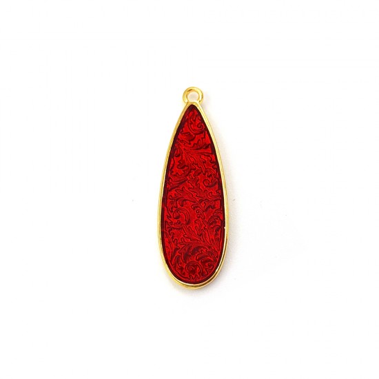 METALLIC CHARM ANTIQUE DROP 11,3X32,5mm GOLD PLATED WITH RED ENAMEL