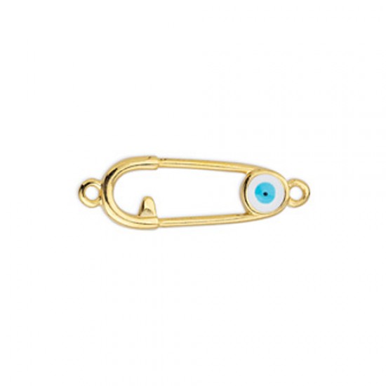 METALLIC CAST SAFETY PIN WITH ENAMEL EYE AND 2 RINGS 29x9,25mm GOLD PLATED / WHITE