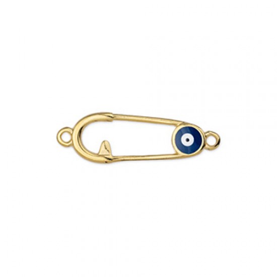 METALLIC CAST SAFETY PIN WITH ENAMEL EYE AND 2 RINGS 29x9,25mm GOLD PLATED / BLUE