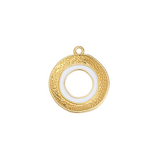 METALLIC CIRCLE PENDANT WITH EMBOSSED PATTERN AND WHITE ENAMEL 19,9x22,6mm GOLD PLATED