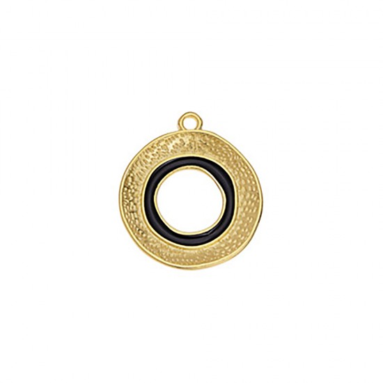 METALLIC CIRCLE PENDANT WITH EMBOSSED PATTERN AND BLACK ENAMEL 19,9x22,6mm GOLD PLATED