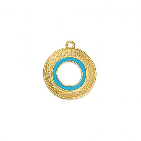 METALLIC CIRCLE PENDANT WITH EMBOSSED PATTERN AND LIGHT BLUE ENAMEL 19,9x22,6mm GOLD PLATED
