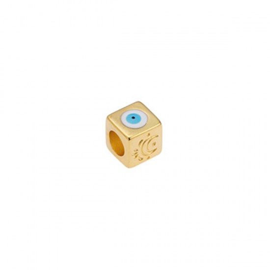 METALLIC ELEMENT SPIRITUAL CUBE WITH EYE AND ENAMEL 8.2X8.2mm GOLD PLATED