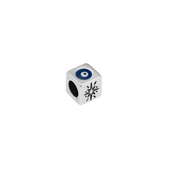 METALLIC ELEMENT SPIRITUAL CUBE WITH EYE AND ENAMEL 8.2X8.2mm SILVER PLATED