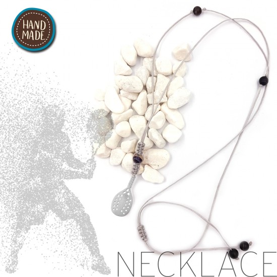 HANDMADE NECKLACE WITH ONYX STONES AND BEACH TENNIS RACKET SILVER PLATED