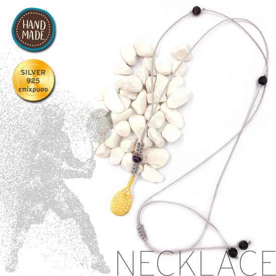 HANDMADE NECKLACE WITH ONYX STONES AND BEACH TENNIS RACKET SILVER 925 GOLD PLATED