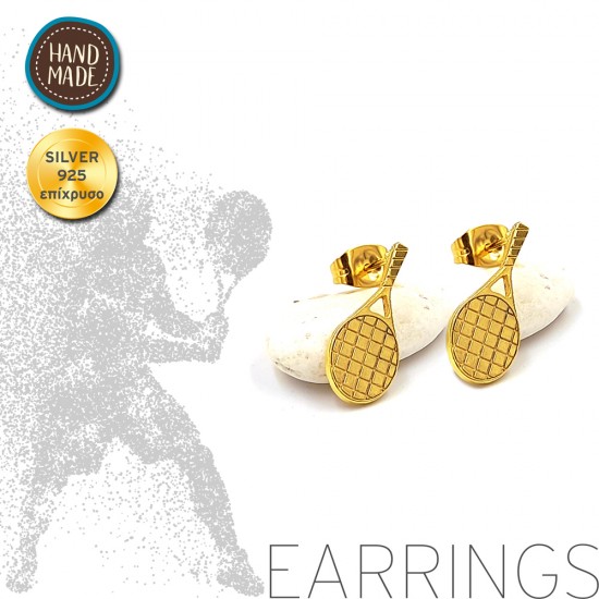 HANDMADE PIN EARRINGS WITH TENNIS RACKET SILVER 925 GOLD PLATED