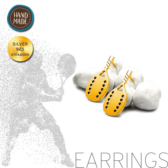 HANDMADE PIN EARRINGS WITH BEACH TENNIS RACKET SILVER 925 GOLD PLATED