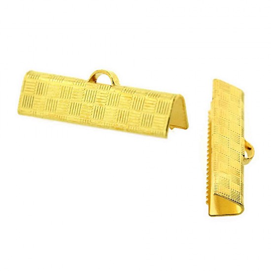 BRASS RIBBON CRIMP END TEXTURED RECTANGLE 25mm (5 PAIRS)