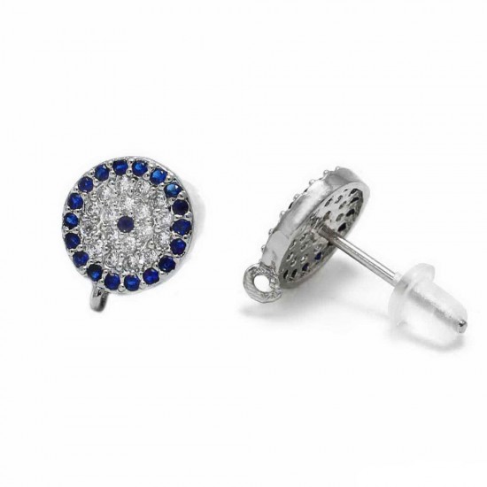 EARRING POST EVIL EYE WITH JUMPRING AND ZIRCON 9mm SILVER PLATED